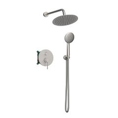 Orabella Terra Brushed nickel - Shower set εντοιχισμού με Μπαταρία λουτρού, εντοιχισμού 2 σημείων, κεφαλή Φ250 με βραχίονα και τηλέφωνο ντουζ με σπιράλ και επιτοίχειο στήριγμα 10318