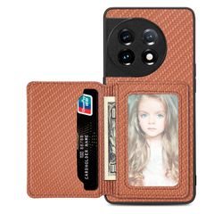 For OnePlus 11 5G Carbon Fiber Magnetic Card Wallet Bag Phone Case(Brown)