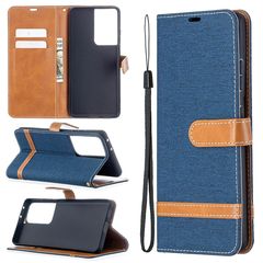 For Samsung Galaxy S21 Ultra 5G Color Matching Denim Texture Horizontal Flip Leather Case with Holder & Card Slots & Wallet & Lanyard(Dark Blue)