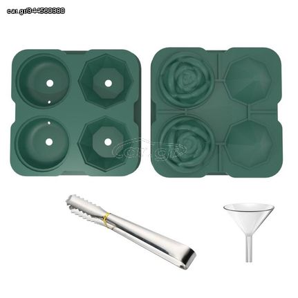 4-Holes Rose Diamond Shape Cocktail Ice Cube Molds Silicone Ice Ball Maker, Color: Dark Green with Ice Clip