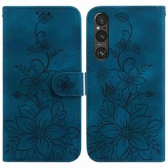 For Sony Xperia 1 V Lily Embossed Leather Phone Case(Dark Blue)