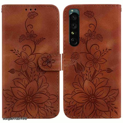 For Sony Xperia 1 IV Lily Embossed Leather Phone Case(Brown)