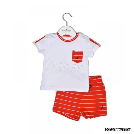 Nautica Des.16 Σετ T-Shirt & Shorts Jersey Organic Κόκκινο Ριγέ 68cm