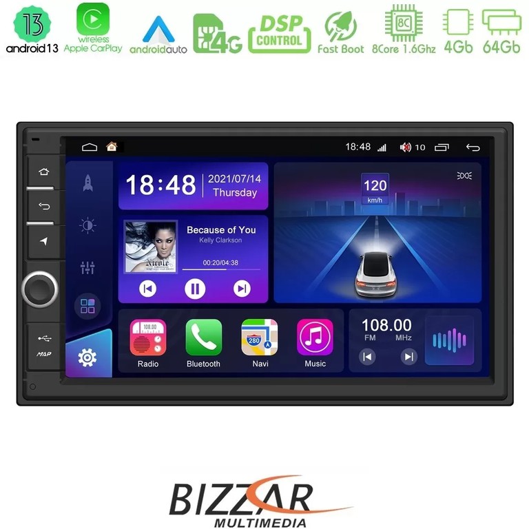 Bizzar 2DIN Deck 8core Android13 4+64GB Navigation Multimedia Deckless 7" με Carplay/AndroidAuto