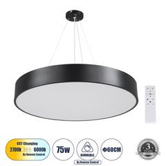 GloboStar® BURTON 61202-P Κρεμαστή Πλαφονιέρα Οροφής LED CCT 75W 8625lm 120° AC 220-240V - Εναλλαγή Φωτισμού μέσω Τηλεχειριστηρίου All In One Ψυχρό 6000k+Φυσικό 4500k+Θερμό 2700k Dimmable Φ60cm - Μαύρ