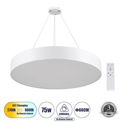 GloboStar® BURTON 61203-P Κρεμαστή Πλαφονιέρα Οροφής LED CCT 75W 8625lm 120° AC 220-240V - Εναλλαγή Φωτισμού μέσω Τηλεχειριστηρίου All In One Ψυχρό 6000k+Φυσικό 4500k+Θερμό 2700k Dimmable Φ60cm - Λευκ