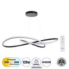 GloboStar® DEXTER 60917 Κρεμαστό Φωτιστικό Οροφής Design LED CCT 120W 13440lm 300° AC 220-240V - Εναλλαγή Φωτισμού μέσω Τηλεχειριστηρίου All In One Ψυχρό 6000k+Φυσικό 4500k+Θερμό 2700k Dimmable Φ103cm