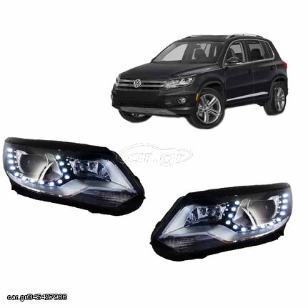 Μπροστινά Φανάρια Set Για Vw Tiguan mk1 11-15 DRL Μαύρα H7/H7 Με Μοτέρ  Carner