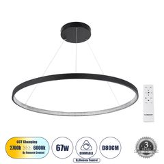 GloboStar® DIAMOND 61520 Κρεμαστό Φωτιστικό Δαχτυλίδι-Κύκλος LED CCT 67W 7504lm 360° AC 220-240V - Εναλλαγή Φωτισμού μέσω Τηλεχειριστηρίου All In One Ψυχρό 6000k+Φυσικό 4500k+Θερμό 2700k Dimmable Φ80c