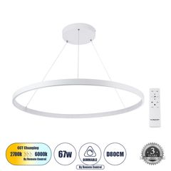 GloboStar® DIAMOND 61521 Κρεμαστό Φωτιστικό Δαχτυλίδι-Κύκλος LED CCT 67W 7504lm 360° AC 220-240V - Εναλλαγή Φωτισμού μέσω Τηλεχειριστηρίου All In One Ψυχρό 6000k+Φυσικό 4500k+Θερμό 2700k Dimmable Φ80c