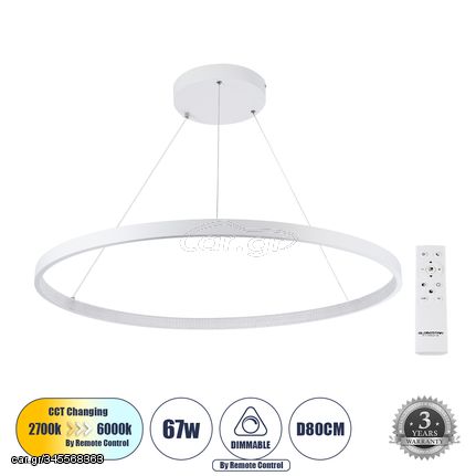 GloboStar® DIAMOND 61521 Κρεμαστό Φωτιστικό Δαχτυλίδι-Κύκλος LED CCT 67W 7504lm 360° AC 220-240V - Εναλλαγή Φωτισμού μέσω Τηλεχειριστηρίου All In One Ψυχρό 6000k+Φυσικό 4500k+Θερμό 2700k Dimmable Φ80c