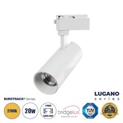 GloboStar® LUGANO 60808 Μονοφασικό Φωτιστικό Σποτ Ράγας LED 20W 2400lm 36° Acrylic HQ LENS AC 220-240V IP20 Φ6.5 x Υ22cm Θερμό Λευκό 2700K - EUROTRACK® System 1L+1N - Λευκό - Bridgelux Chip - TÜV Cert