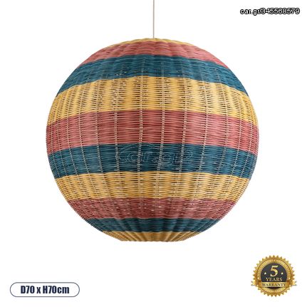 GloboStar® CABALLEROS 02063 Boho Κρεμαστό Φωτιστικό Οροφής Μονόφωτο 1 x E27 AC220-240V IP20 - Φ70 x Υ70cm - Μπλε με Κίτρινο και Κόκκινο Μπαμπού Πλέγμα Μπάλα