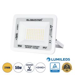 GloboStar® ATLAS 61421 Επαγγελματικός Προβολέας LED 50W 5750lm 120° AC 220-240V - Αδιάβροχος IP67 - Μ21 x Π3.5 x Υ16cm - Λευκό - Θερμό Λευκό 2700K - LUMILEDS Chips - TÜV Rheinland Certified - 5 Years