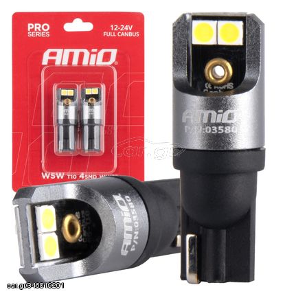 ΛΑΜΠΑΚΙΑ T10 W5W 12/24V 6.000K 4xSMD LED FULL CAN-BUS ΛΕΥΚΟ 3030 PRO SERIES AMIO - 2 Τεμ.