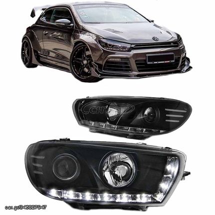 Μπροστινά Φανάρια Set Για Vw Scirocco 08-14 DRL ΜαύραH7/H1 Με Μοτέρ Sonar