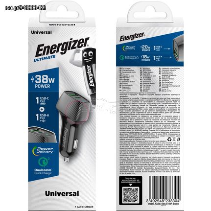 Φορτιστής Αυτοκινήτου Energizer D38BK με PD, QC με έξοδο USB-C/USB-A 38W/4A  Μαύρο