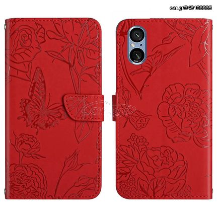 For Sony Xperia 5 V HT03 Skin Feel Butterfly Embossed Flip Leather Phone Case(Red)