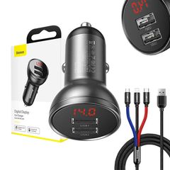 Baseus Digital Display Dual USB 4.8A Car Charger 24W with Three Primary Colors 3-in-1 Cable USB 1.2M Black Suit Grey