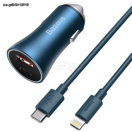 Baseus Golden Contactor Pro car charger, USB + USB-C, QC4.0+, PD, SCP, 40W (blue) + USB-C - Lightning cable 1m (blue)