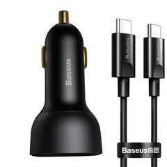 Car charger Baseus Superme, USB, USB-C, 100W + USB-C cable (black)