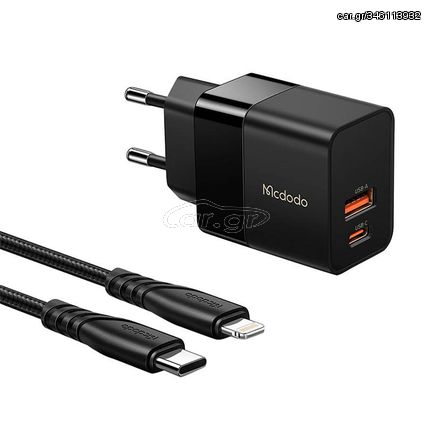 Wall charger Mcdodo CH-1952 USB + USB-C, 20W + USB-C to Lightning cable (black)