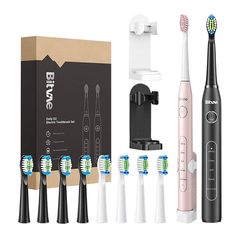 Sonic toothbrushes with tips set and 2 toothbrush holders Bitvae D2+D2 (pink and black)