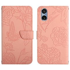 For Sony Xperia 5 V HT03 Skin Feel Butterfly Embossed Flip Leather Phone Case(Pink)