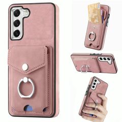 For Samsung Galaxy S21 FE 5G Electroplating Skin-feel Leather Ring Card Wallet Phone Case(Pink)