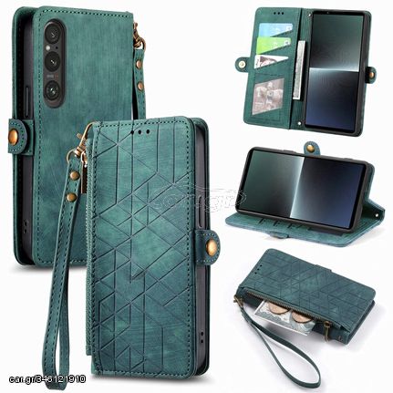 For Sony Xperia 1 V Geometric Zipper Wallet Side Buckle Leather Phone Case(Green)