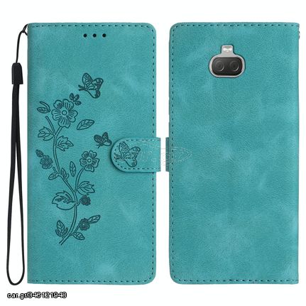 For Sony Xperia 10 Flower Butterfly Embossing Pattern Leather Phone Case(Sky Blue)