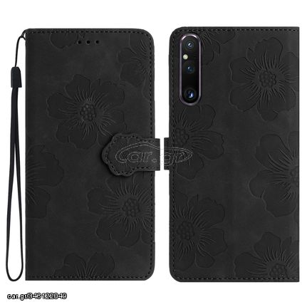 For Sony Xperia 1 V Flower Embossing Pattern Leather Phone Case(Black)