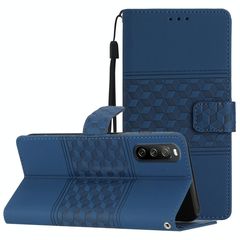 For Sony Xperia 10 V 2023 Diamond Embossed Skin Feel Leather Phone Case with Lanyard(Dark Blue)