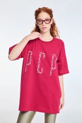 PCP Woman Short-Sleeve T-Shirt One color with Silk print Leopard Wine | PCP Γυναικειο Κοντομανικο Μπλουζακι Μονοχρωμο με μεταξοτυπια Leopard Κόκκινο