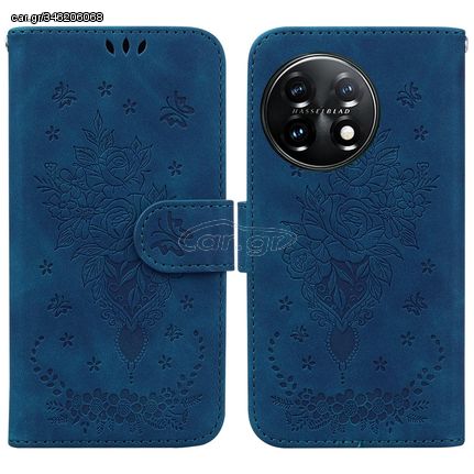 For OnePlus 11 Butterfly Rose Embossed Leather Phone Case(Blue)