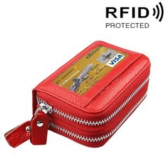 Genuine Cowhide Leather Dual Layer Solid Color Zipper Card Holder Wallet RFID Blocking Coin Purse Card Bag Protective Case with 11 Card Slots & Coin Position, Size: 11*7.5*4.5cm(Red)