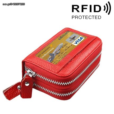 Genuine Cowhide Leather Dual Layer Solid Color Zipper Card Holder Wallet RFID Blocking Coin Purse Card Bag Protective Case with 11 Card Slots & Coin Position, Size: 11*7.5*4.5cm(Red)