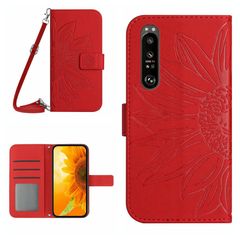 For Sony Xperia 1 V HT04 Skin Feel Sun Flower Embossed Flip Leather Phone Case with Lanyard(Red)