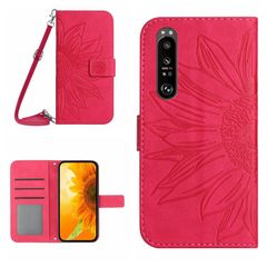 For Sony Xperia 1 V HT04 Skin Feel Sun Flower Embossed Flip Leather Phone Case with Lanyard(Rose Red)