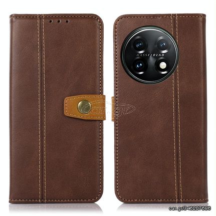 For OnePlus 11 5G Stitching Thread Calf Texture Leather Phone Case(Brown)