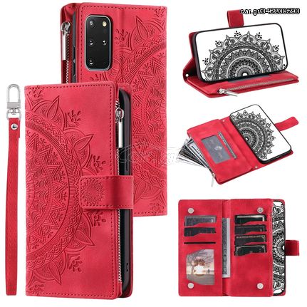 For Samsung Galaxy S20+ Multi-Card Totem Zipper Leather Phone Case(Red)