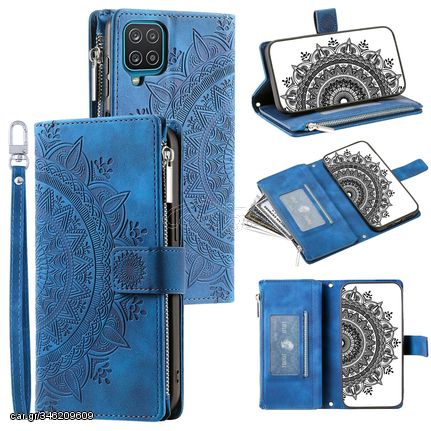 For Samsung Galaxy A12 5G Multi-Card Totem Zipper Leather Phone Case(Blue)