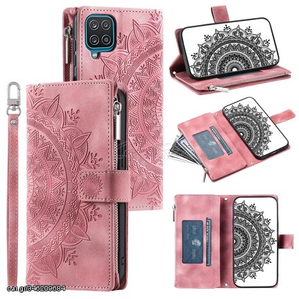 For Samsung Galaxy A12 5G Multi-Card Totem Zipper Leather Phone Case(Pink)