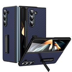 For Samsung Galaxy Z Fold5 Composite Carbon Fiber Pattern Phone Case With Holder(Blue)