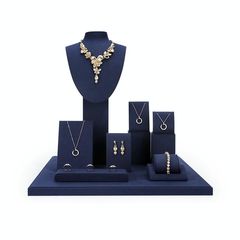 Jewelry Display Props Blue Microfiber Window Necklace Earring Ring Stand Set 9