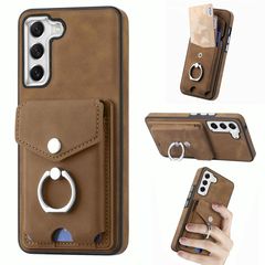 For Samsung Galaxy S21 FE 5G Electroplating Skin-feel Leather Ring Card Wallet Phone Case(Brown)