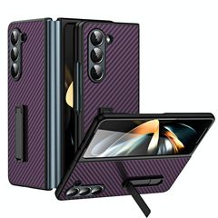 For Samsung Galaxy Z Fold5 Composite Carbon Fiber Pattern Phone Case With Holder(Purple)