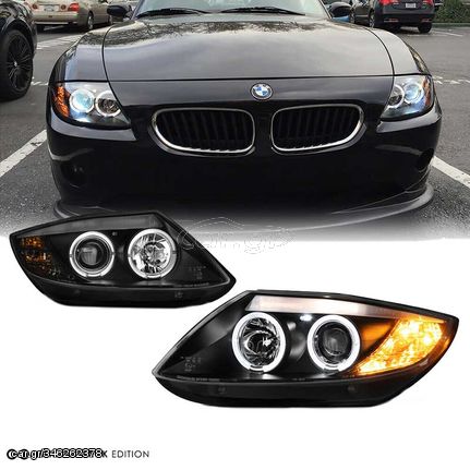 Μπροστινά Φανάρια Set Για Bmw Z4 E85 E86 02-08 Angel Eyes & Led Μαύρα H7/H1 Με Μοτέρ Sonar