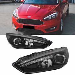 Μπροστινά Φανάρια Set Για Ford Focus 15-18 TRU DRL Tube Lights & Led Φλας Μαύρα H9/H1 Με Μοτέρ JunYan