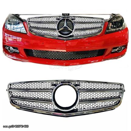 Μάσκα Για Mercedes-Benz C-Class W204 07-14 Amg C63 Look Με 2 Γρίλιες Μαύρο/Χρώμιο 1 Τεμάχιο